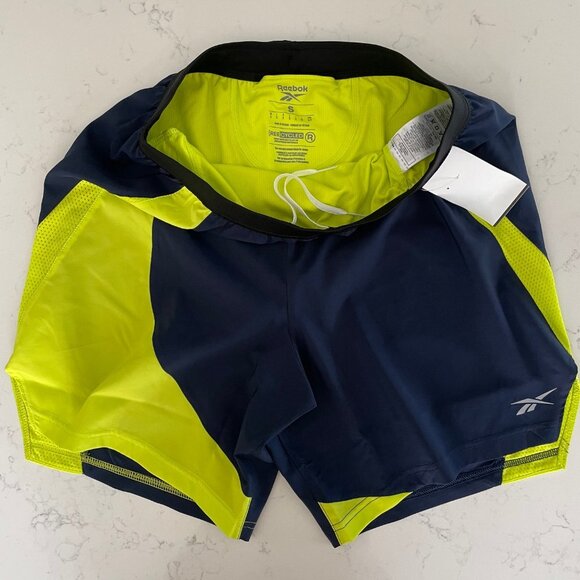 Reebok Athletic HT3711 Pull On Running Shorts Navy + Florescent Yellow Sz S NWT - Picture 4 of 12